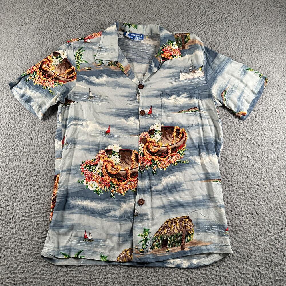 Vtg Ocean Pacific Sunwear Shirt Mens M Hawaiian Nautical Rayon Button Up 80's